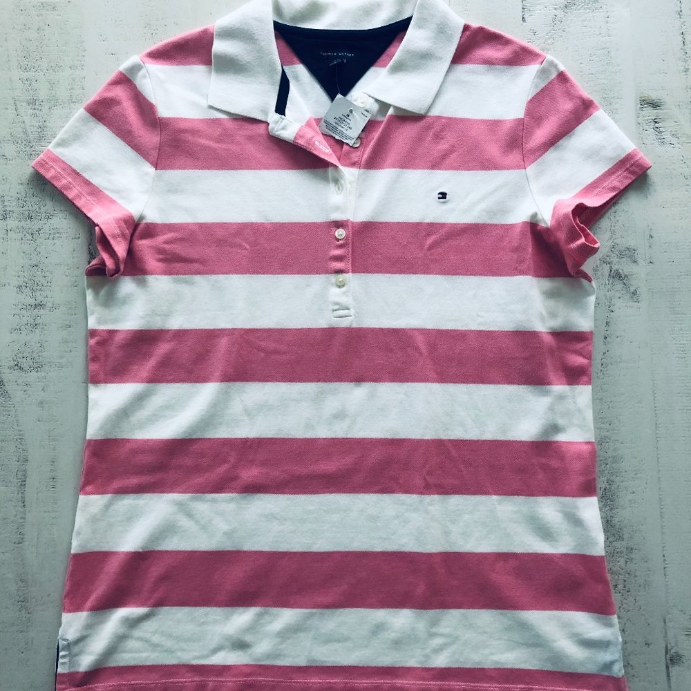Tommy Hilfiger White & Pink Striped Polo, L